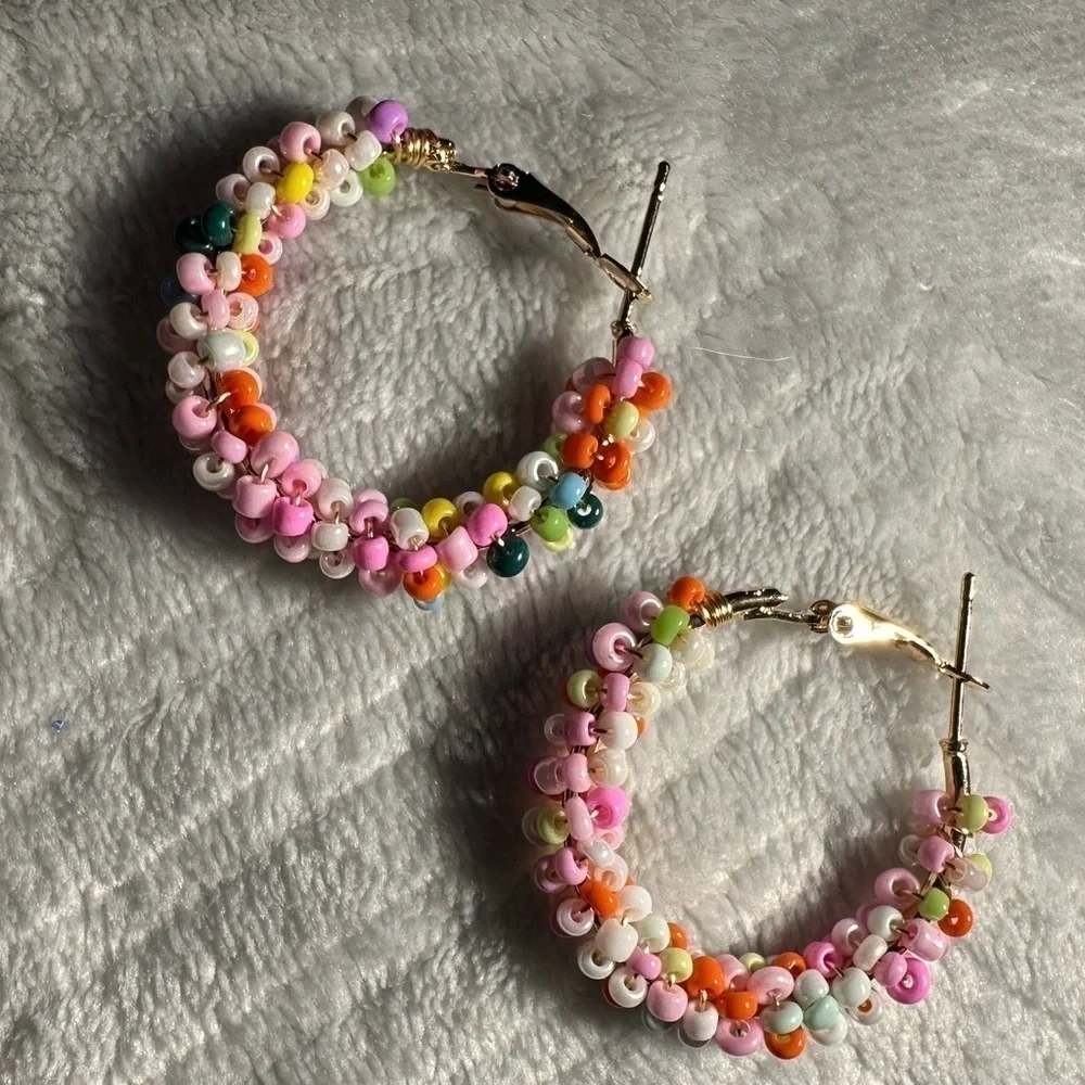 Boho Colorful Rice Bead Hoop Earrings